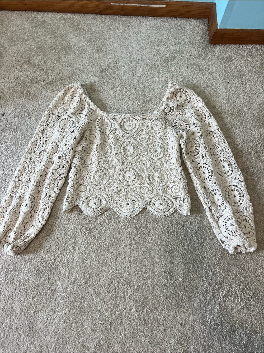 Flying Tomato Cream Crochet Puff-Sleeve Square-Neck Top